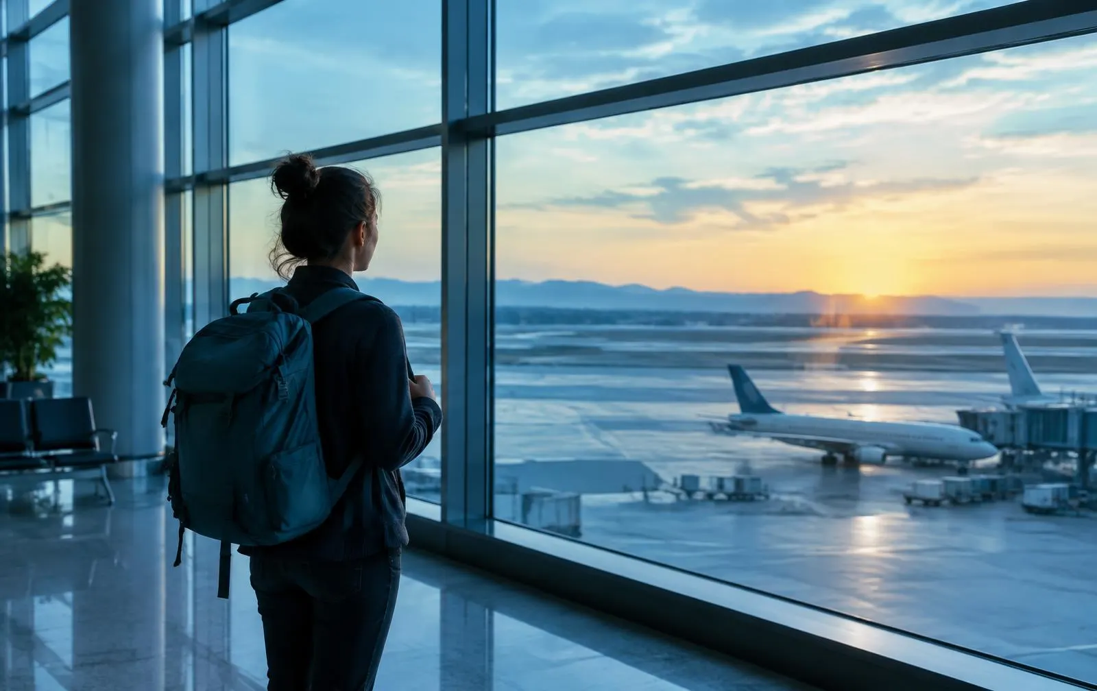 Traveler at an airport window preparing for a trip