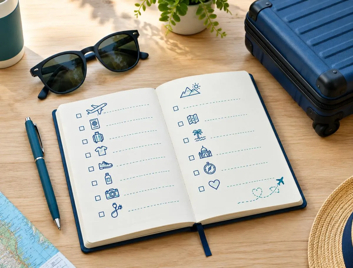 Travel notebook checklist with a suitcase and sunglasses